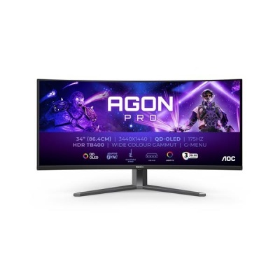 Monitor curvo preto com base metálica prateada e ecrã a mostrar texto AGON PRO