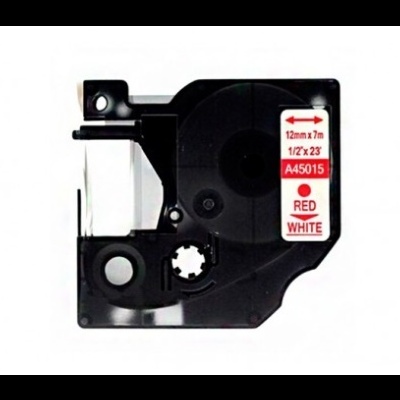 Cassete de fita de rotulagem preta com etiqueta branca e vermelha