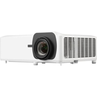 Projetor branco com lente preta e grelha lateral