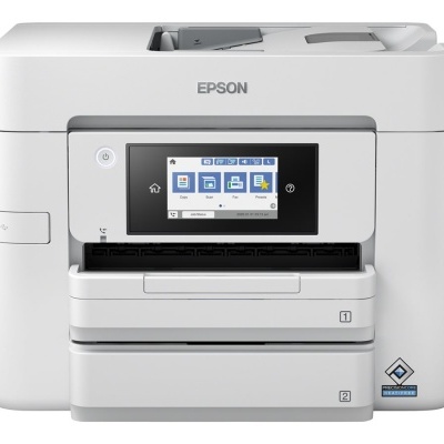 Impressora Epson branca com ecrã táctil colorido e dois tabuleiros de papel