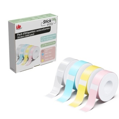 Pack de etiquetas autocolantes coloridas em rolos e embalagem com texto