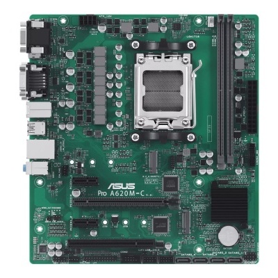 Placa-mãe ASUS Pro A620M-C verde com componentes eletrónicos e soquete para CPU
