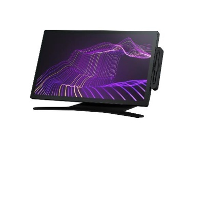 Monitor digital preto com gráfico roxo e suporte lateral