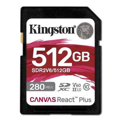 Cartão de memória Kingston 512GB preto com etiqueta branca e vermelha