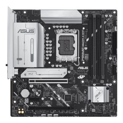 Placa-mãe ASUS PRIME B660M-A WIFI preta com dissipador prateado e conectores variados