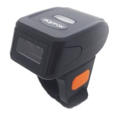 Leitor de código de barras tipo anel preto com botão laranja e visor.