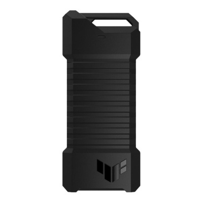 Powerbank preto retangular com textura e alça na parte superior