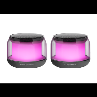 Duas colunas portáteis Mars Gaming pretas com luzes LED rosa