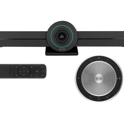 Conjunto de câmara, comando e altifalante preto com detalhes azuis e prateados