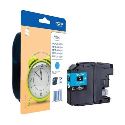 Cartucho de tinta Brother LC123XL C ciano com embalagem azul, branco e amarelo e imagem de relógio verde