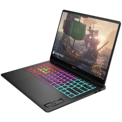 Portátil para jogos preto com teclado colorido e ecrã com jogo Sea of Thieves