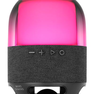 Coluna portátil Mars Gaming com luz LED rosa e corpo em tecido cinzento