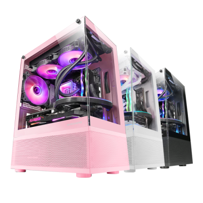 torres de computador rosa, branco e preto com LED roxo visível nas ventoinhas