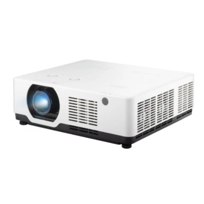 Projetor branco com lente azul e ventilação lateral