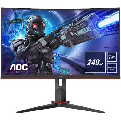 Monitor gaming AOC preto com base em V e detalhes vermelhos mostrando imagem de jogo futurista e texto técnico no ecrã