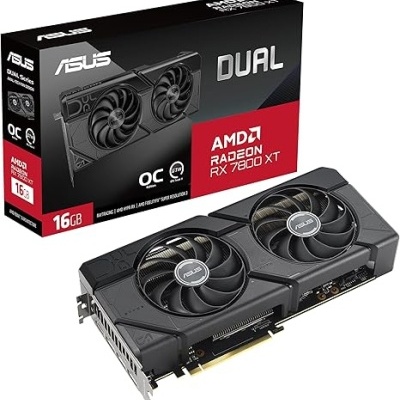 Placa gráfica ASUS DUAL AMD RADEON RX 7800 XT preta com dois ventoinhas grandes e embalagem preta e vermelha