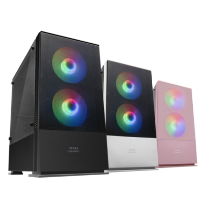 Três torres de computador para gaming com ventoinhas RGB e painéis de vidro