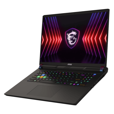 Computador portátil MSI aberto com teclado colorido e logótipo de dragão no ecrã