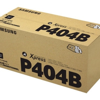 Embalagem retangular castanha com texto preto Samsung P404B e informações técnicas.