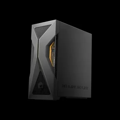 Computador torre preto com design angular e portas USB laterais