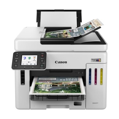 Impressora multifunções Canon branca com visor digital e tinteiros coloridos a imprimir documentos