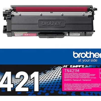 Cartucho de toner Brother TN421M magenta e embalagem correspondente
