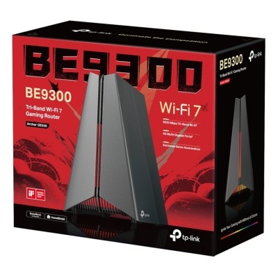 Caixa do router gaming TP-Link BE9300 preto e vermelho com texto Wi-Fi 7.