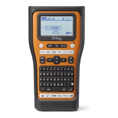 Marcador eletrônico Brother PT-E650BT laranja e preto com teclado QWERTY e ecrã LCD