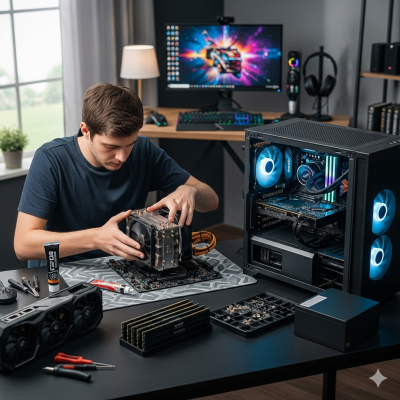 Homem a montar computador com componentes e ferramentas numa mesa preta em ambiente de escritório.