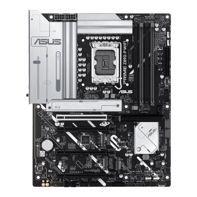 Placa-mãe ASUS preta e prata com dissipadores e slots