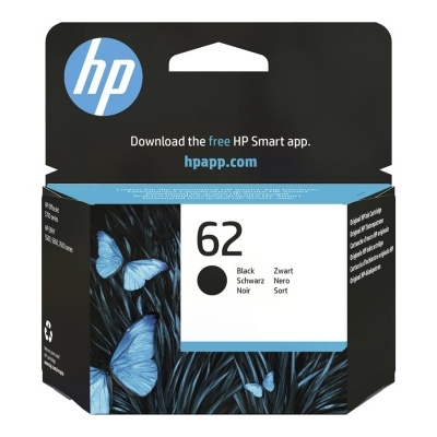 Embalagem de tinta HP 62 preta com design de folhas e borboletas azuis