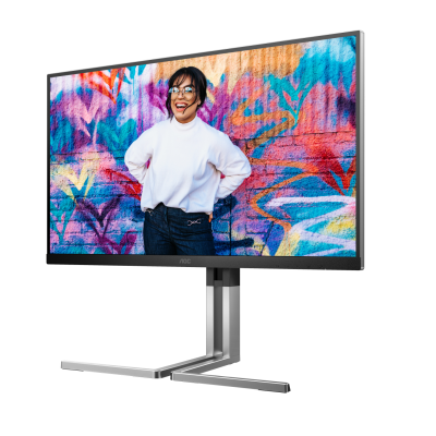 Monitor de computador com ecrã e suporte metálico exibindo imagem colorida