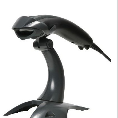 Leitor de código de barras preto com suporte e base