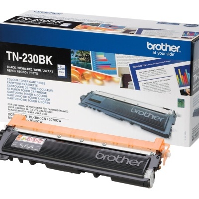 Cartucho de toner preto Brother TN-230BK com embalagem branca e azul