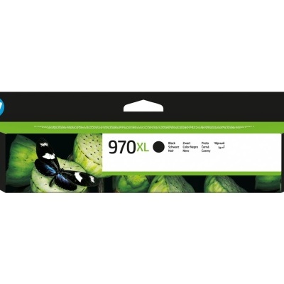 Cartucho de tinta HP 970XL preto com embalagem preta e branca e imagem de borboleta