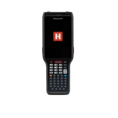 Leitor portátil Honeywell preto com ecrã LCD e teclado alfanumérico.