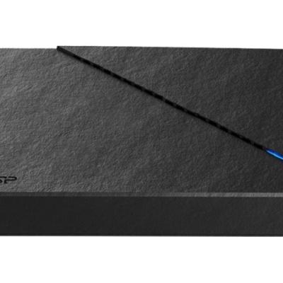 Dispositivo externo de armazenamento preto com textura e linha azul