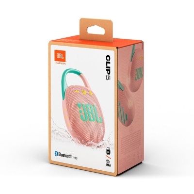 Coluna portátil JBL Clip 5 rosa com gancho verde na embalagem