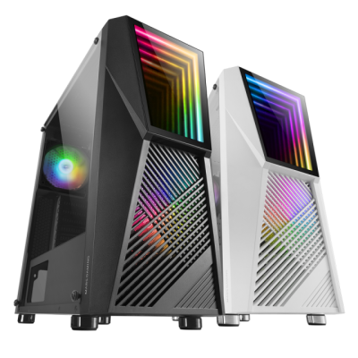 Gabinetes de computador preto e branco com iluminação RGB e painéis de vidro