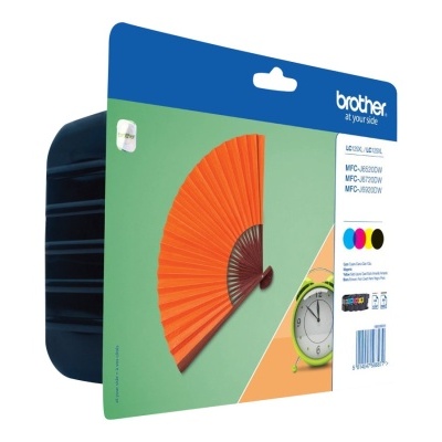 Pacote de tinta para impressora brother LC127XL C/M/Y com fundo verde claro e relógio amarelo.