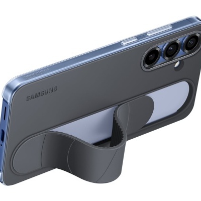 Smartphone Samsung cinza com suporte elástico preto na traseira