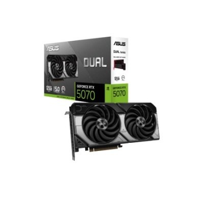 Placa gráfica ASUS GeForce RTX 5070 com dois ventiladores e caixa da série DUAL