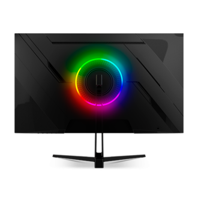 Monitor preto com luz RGB circular na parte traseira