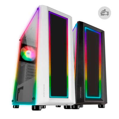 Dois computadores de secretária com iluminação LED colorida e painéis em vidro