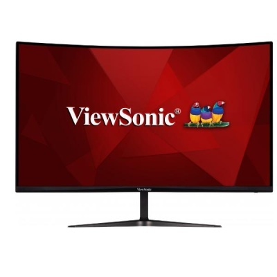 Monitor curvo preto ViewSonic com base metálica e ecrã vermelho com logótipo