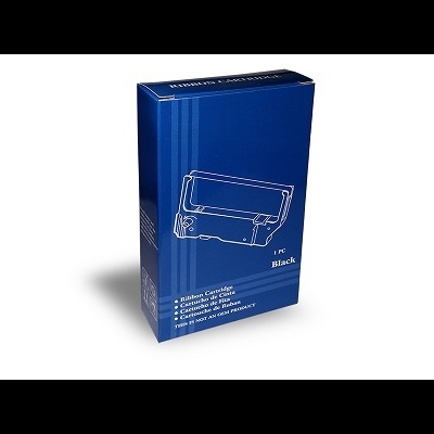 Caixa azul contendo cartucho de fita preto para impressoras