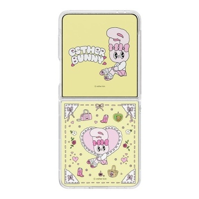 Estojo amarelo claro com desenho de coelho rosa e texto ESTHER BUNNY.