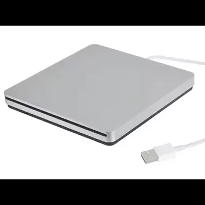 Leitor gravador externo de CD/DVD cinza com cabo USB branco
