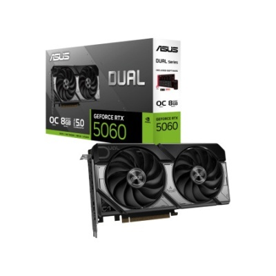 Placa gráfica ASUS DUAL GeForce RTX 5060 com 8GB GDDR6 ao lado da caixa