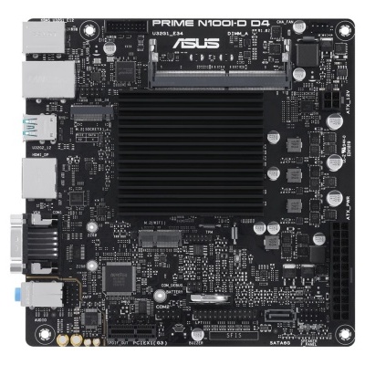 Placa-mãe ASUS PRIME N100I-D4 com dissipador preto e portas USB e HDMI